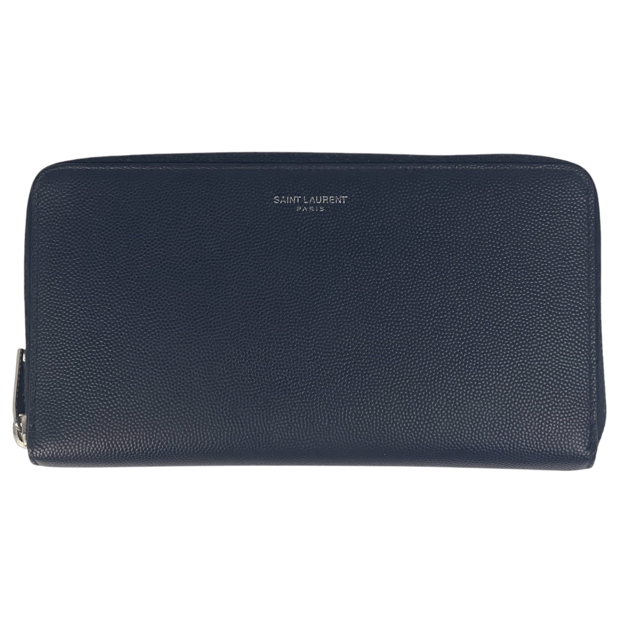 Saint Laurent logo round zipper long wallet with bill compartment and coin purse, leather, navy, 344076, women's
