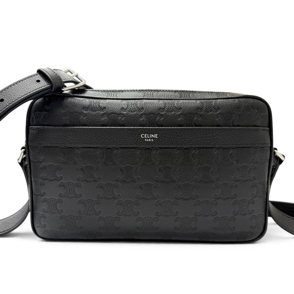 CELINE 117003FS3 Horizontal Messenger Leather Triomphe Medium Shoulder Bag Black Made in Italy Men's with Dust — Like New