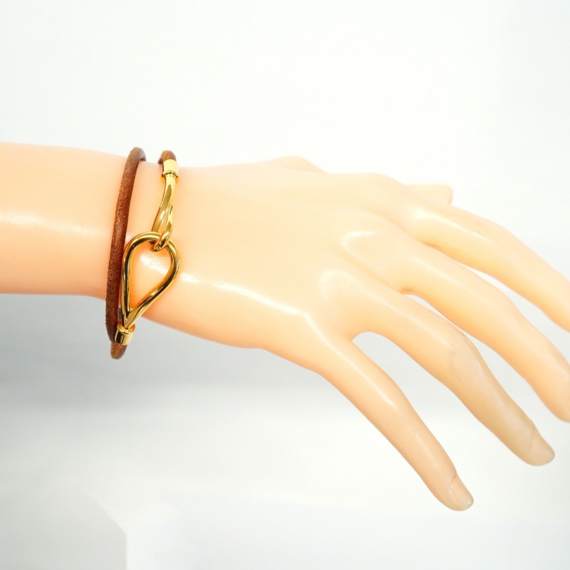 Hermes Jumbo Hook Bracelet, GP Plated Leather, Gold, Brown, Women's