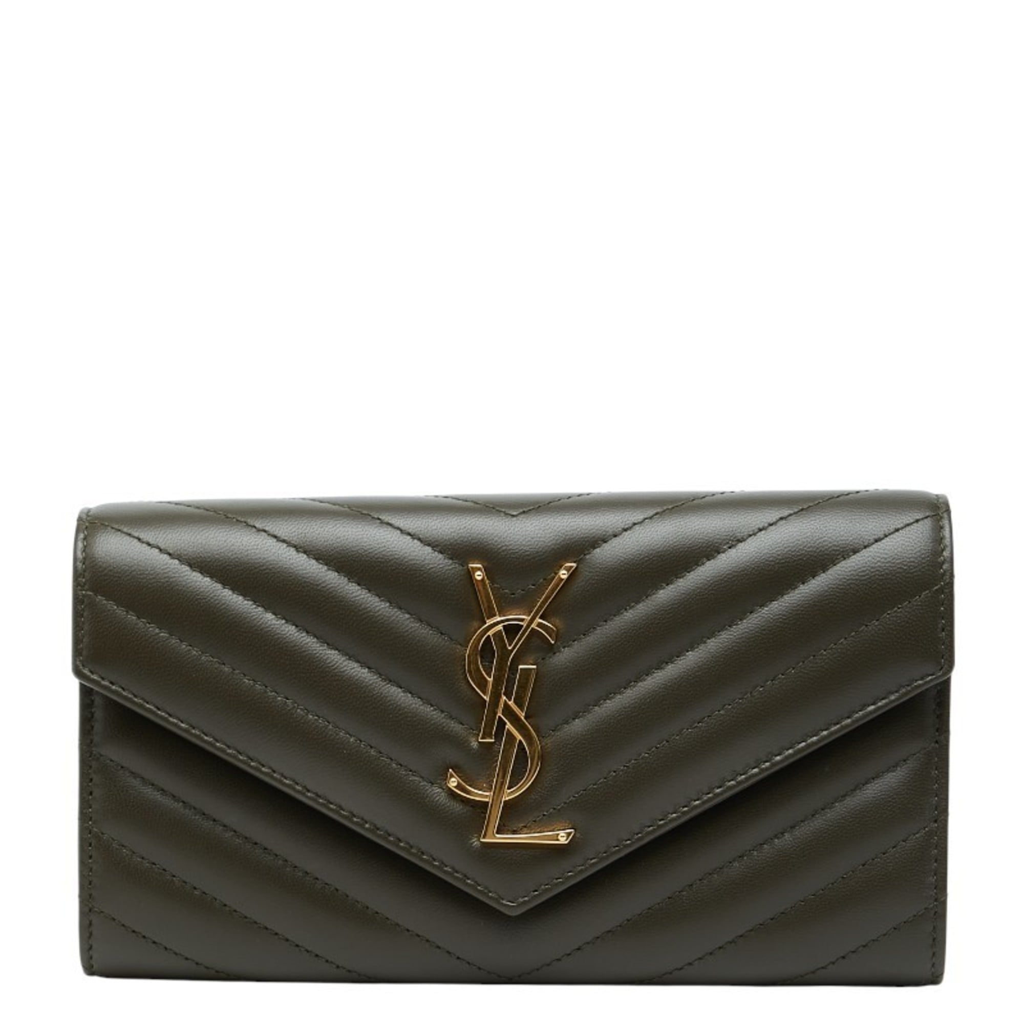 Saint Laurent Cassandra V-Stitch Long Wallet 372264 Khaki Leather Women's SAINT LAURENT