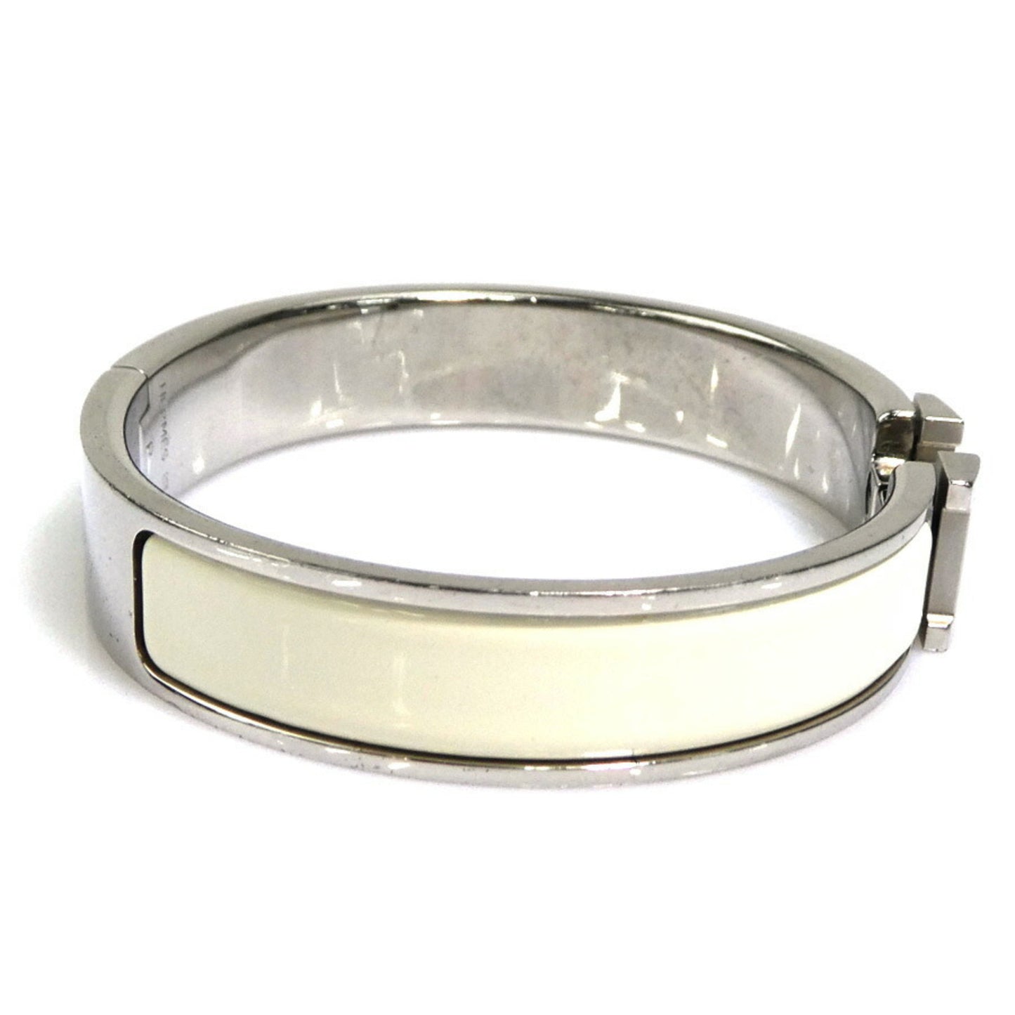 Hermes Hermès Click-Clack Metal Enamel Bangle Bracelet in Silver and Off-White for Women (e60887i)