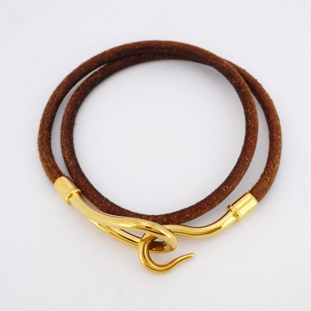 Hermes Jumbo Hook Bracelet, GP Plated Leather, Gold, Brown, Women's