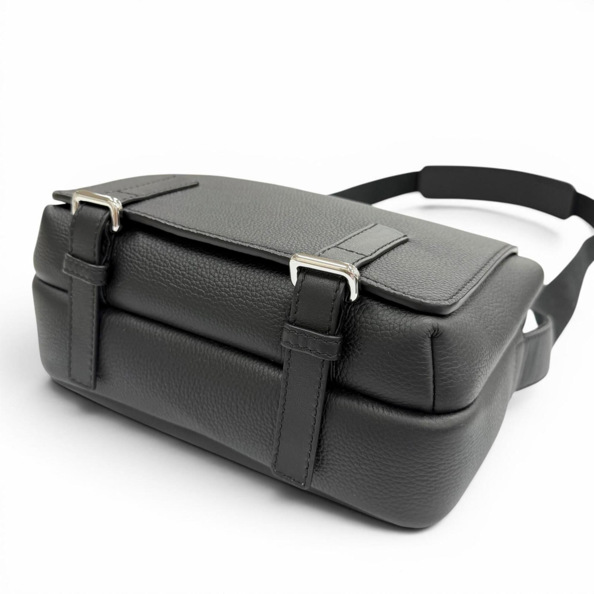 LOEWE B553A72X22 Leather Anagram Logo Military Messenger Shoulder Bag, Black, XS, Made in Portugal, Men's, with Dust Bag — Like New