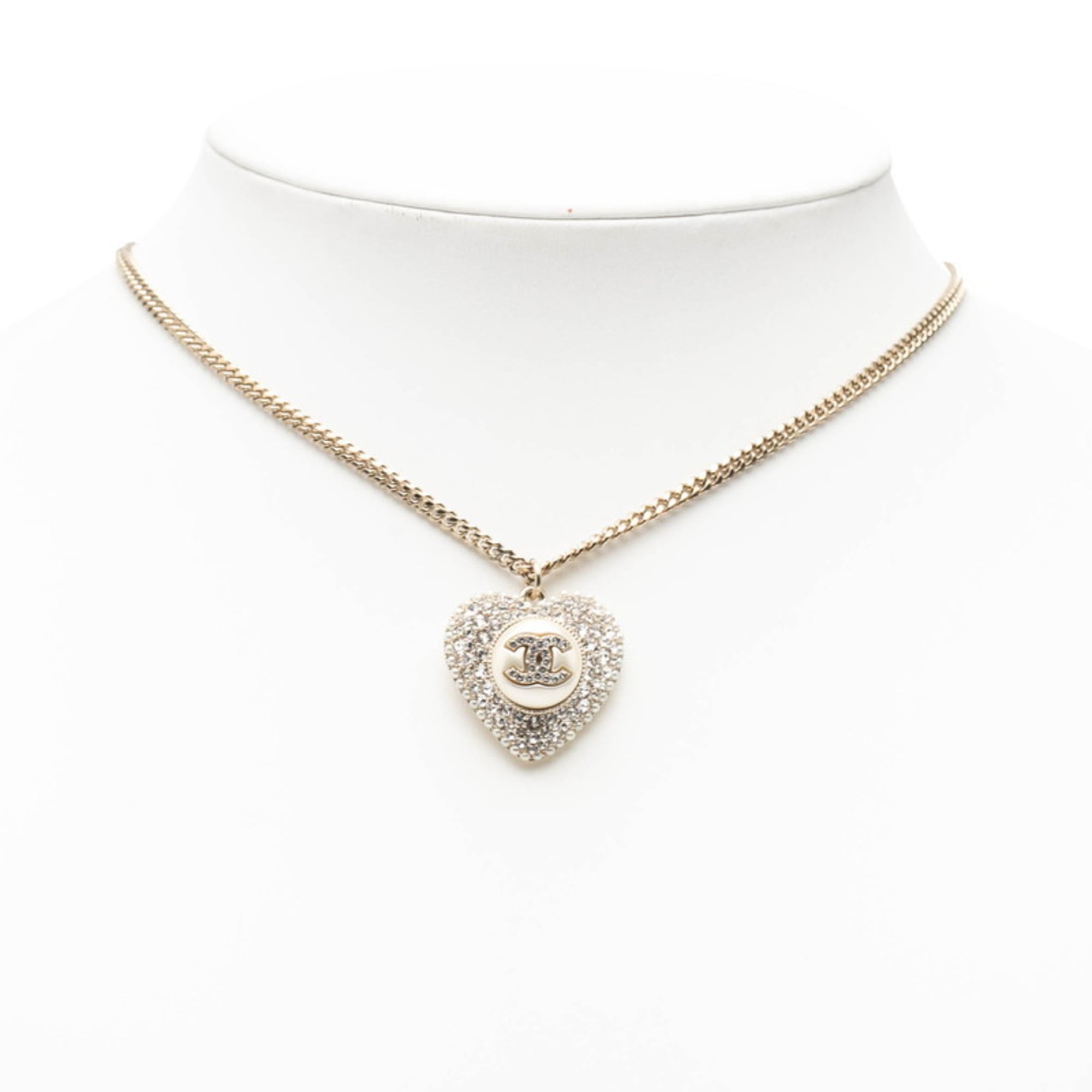 Chanel Coco Mark Heart Rhinestone Necklace, Gold Plated, Faux Pearl, Women's, CHANEL