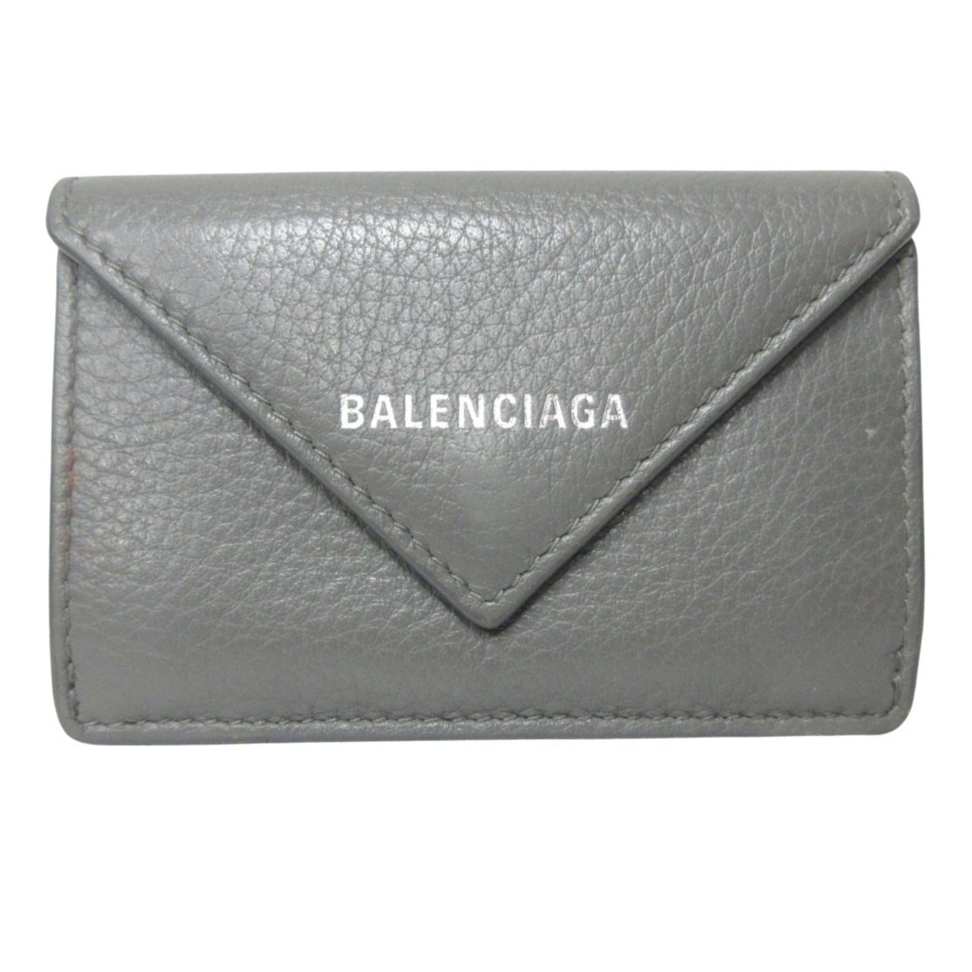 BALENCIAGA Paper Mini Wallet Case, Tri-fold Leather with Logo Print, Gray, 391446, for Men and Women