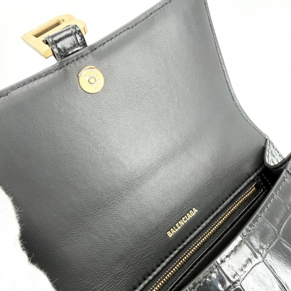 Balenciaga Women's Hourglass Small Handbag Shoulder Bag Crossbody HOURGLASS Crocodile Embossed Leather Top Handle BALENCIAGA 593546 Black Antique Gold Hardware — Like New