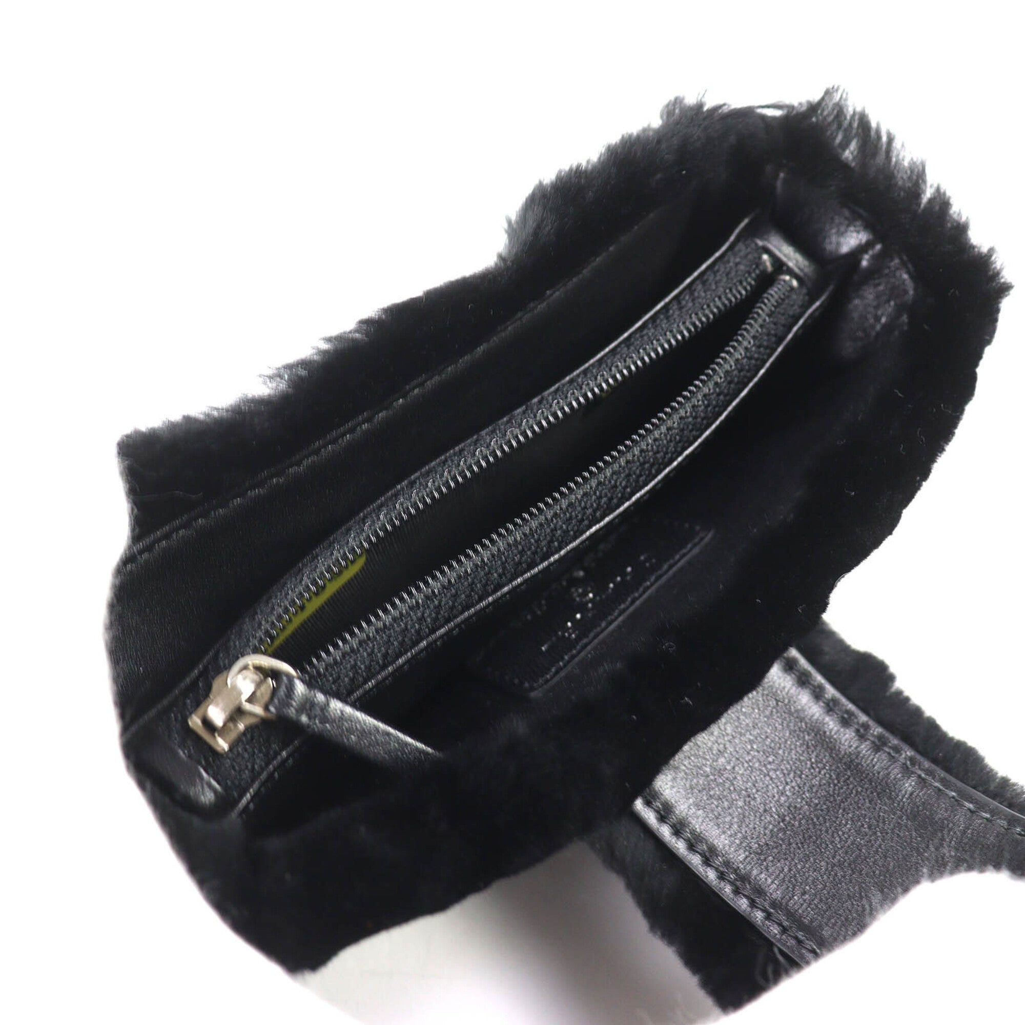 CHANEL Vintage Coco Mark Leather and Orilag Fur Pouch, Black with Silver Hardware, Comes Box, Made in Italy, Women's — Like New