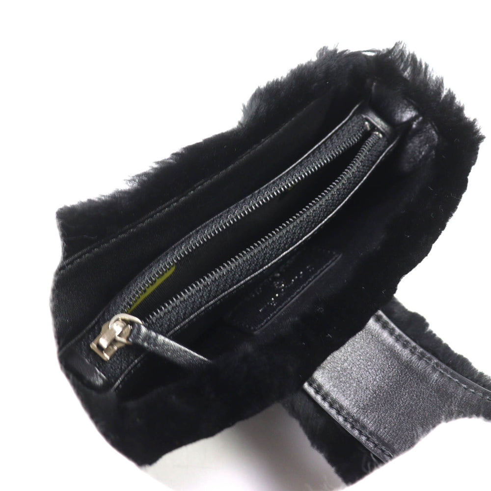 CHANEL Vintage Coco Mark Leather and Orilag Fur Pouch, Black with Silver Hardware, Comes Box, Made in Italy, Women's — Like New