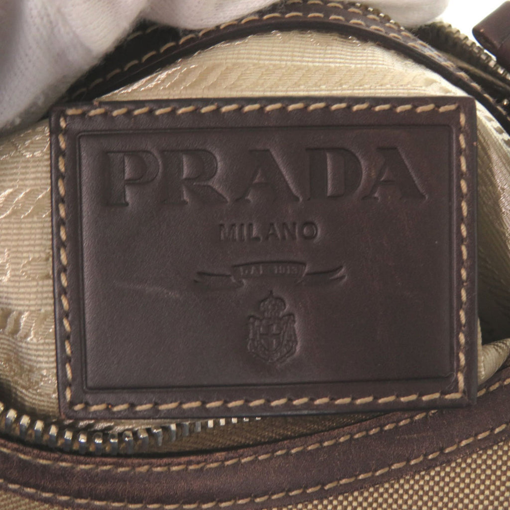 Excellent condition Prada logo jacquard canvas bag BR3429 with silver hardware, semi-shoulder or one-shoulder style, brown leather, 0505
