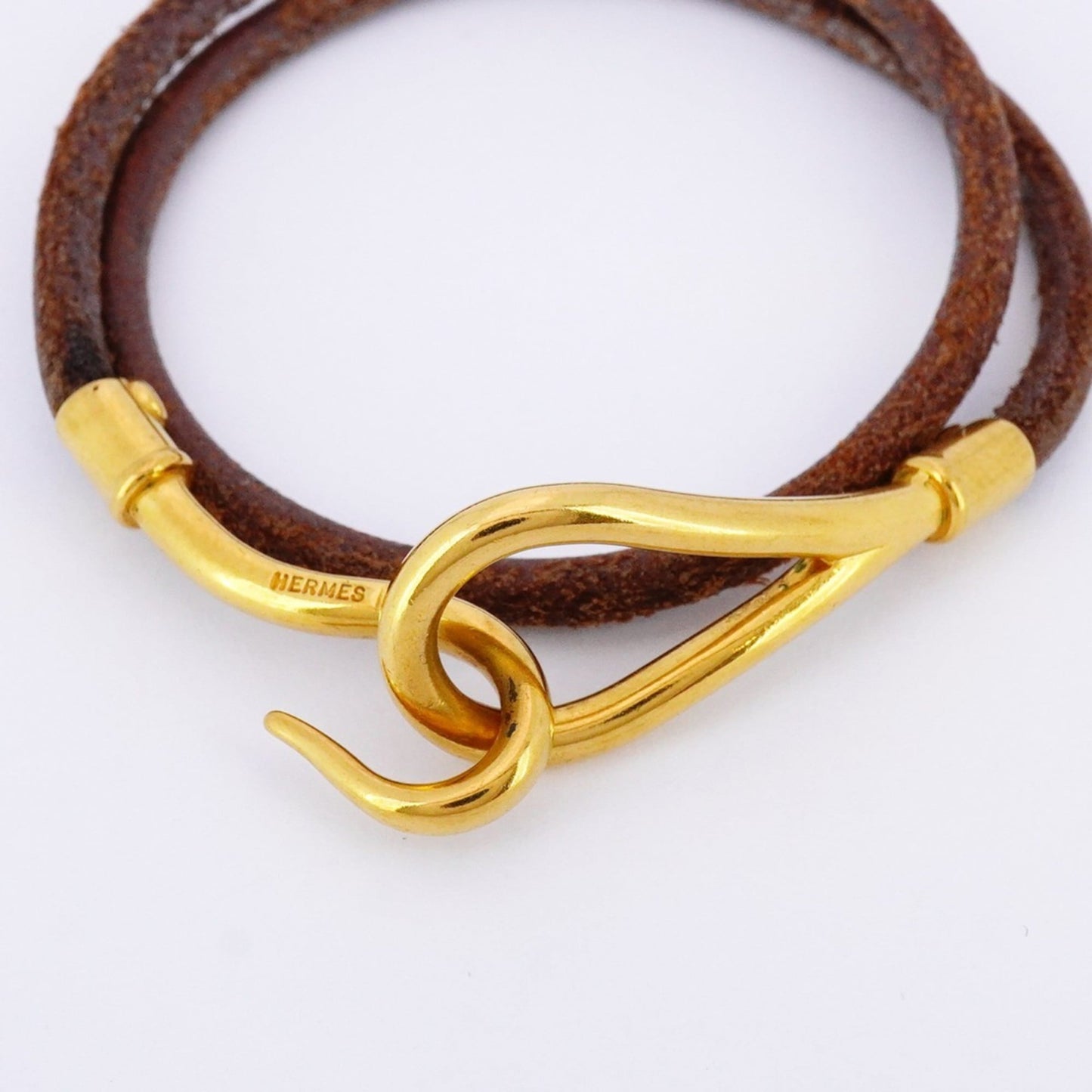 Hermes Jumbo Hook Bracelet, GP Plated Leather, Gold Brown, Women's, P1642597