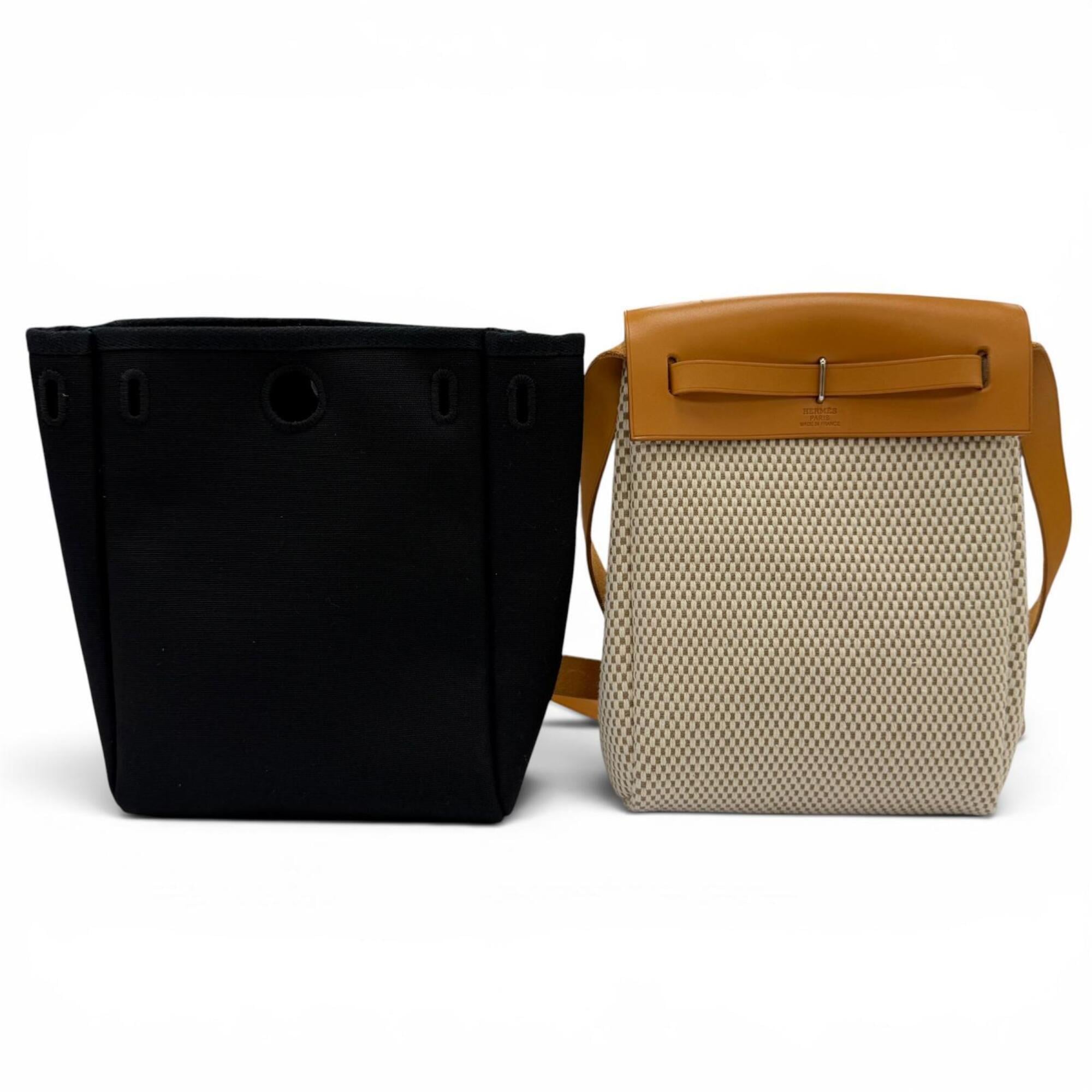 HERMES Herbag TPM Shoulder Bag Toile GM Officier Leather Natural Beige Black Silver Hardware □H Stamp Made in France Women's — Like New