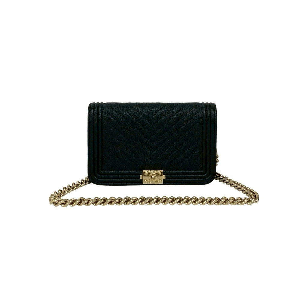 CHANEL Boy Chanel Coco Mark Caviar Skin Chain Shoulder Bag Black 81629 — Like New