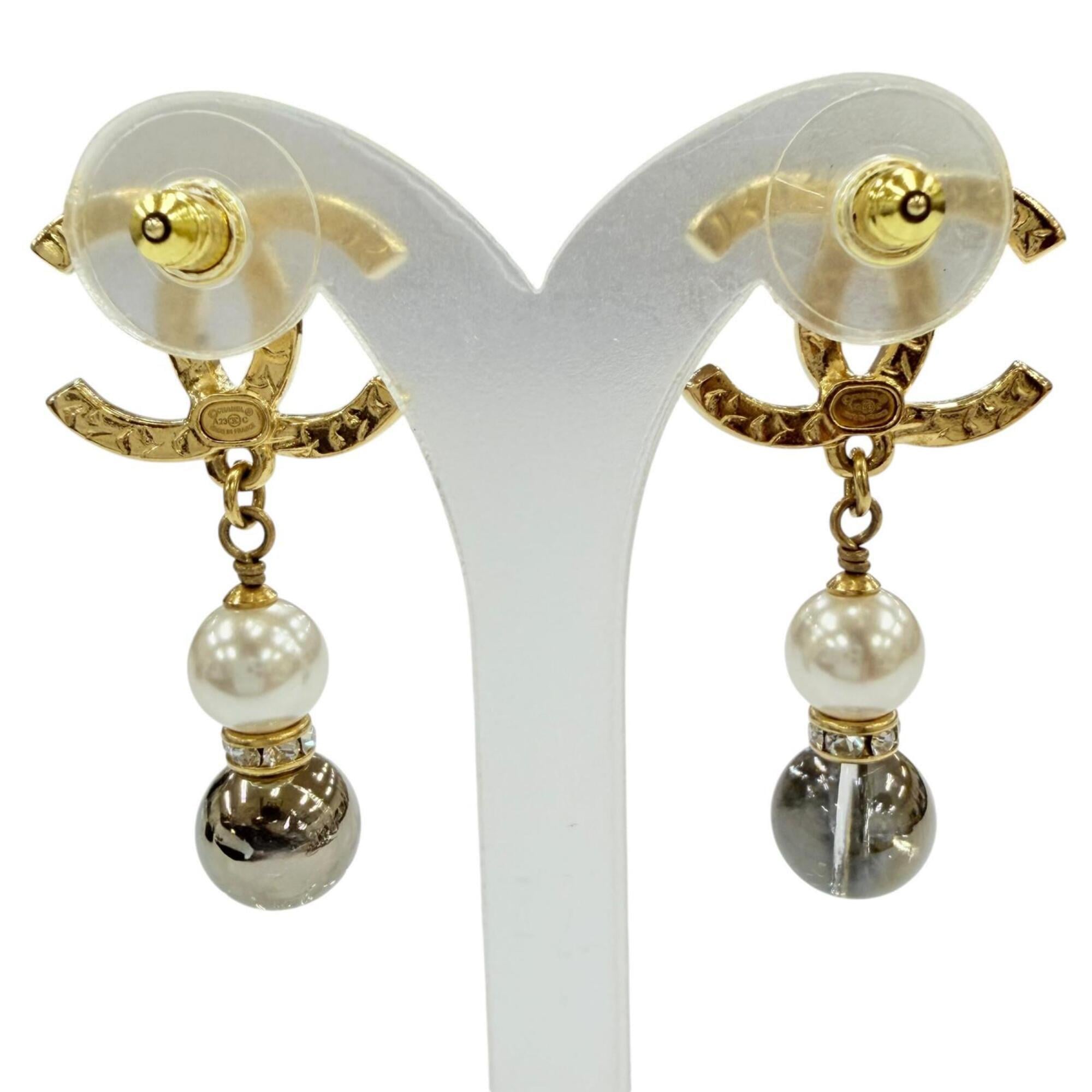 CHANEL A23C Coco Mark Rhinestone Pearl Stone Swing Earrings, Gold, Made in France, Women's, with Box and Dust Bag — Like New