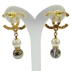 CHANEL A23C Coco Mark Rhinestone Pearl Stone Swing Earrings, Gold, Made in France, Women's, with Box and Dust Bag — Like New