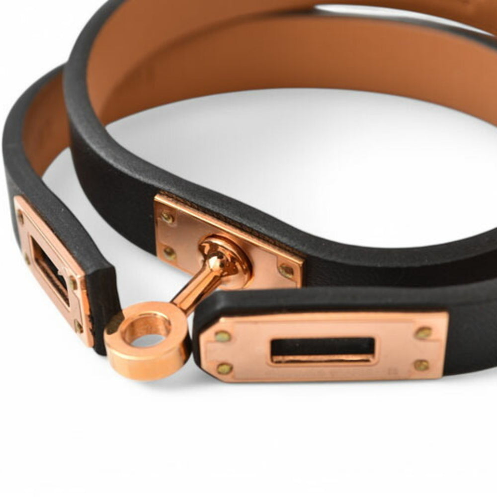 Hermes Kelly Bangle HERMES Leather Double Tour Black/Pink Gold T2 Unused — New - Store Return
