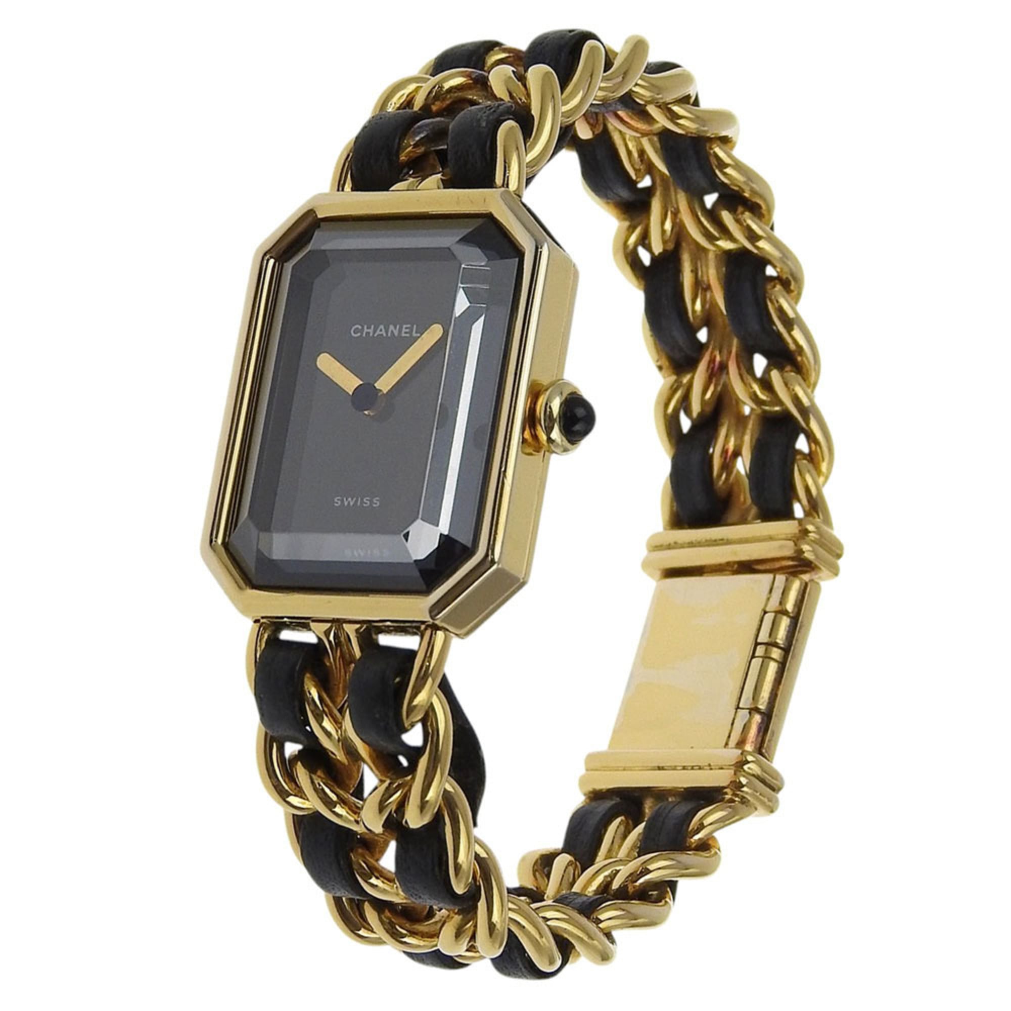 CHANEL Premiere S Watch H0001, Gold-Plated Leather Quartz Movement, Analog Display, Black Dial, Women's — Good