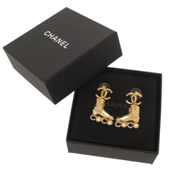 Unused Chanel Coco Mark Roller Skates Metal Rhinestone Faux Pearl Gold Earrings 1465CHANEL — Like New