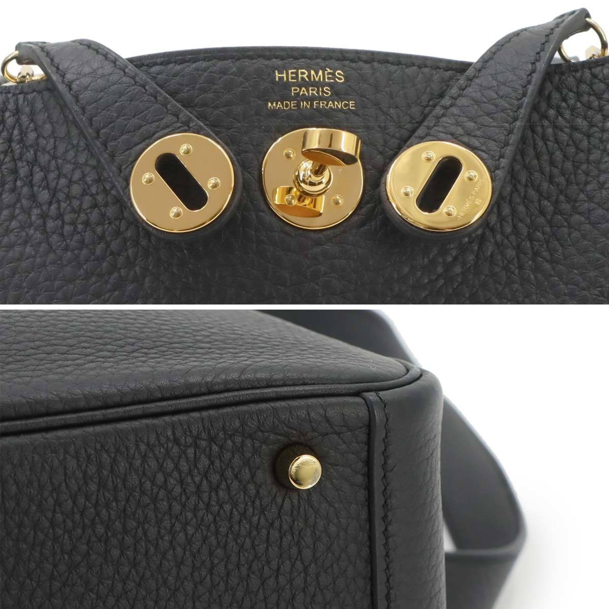 Hermes Lindy Mini 2-way Handbag/Shoulder Bag, Taurillon Clemence Leather, Black, W Stamp, Gold Hardware — Like New