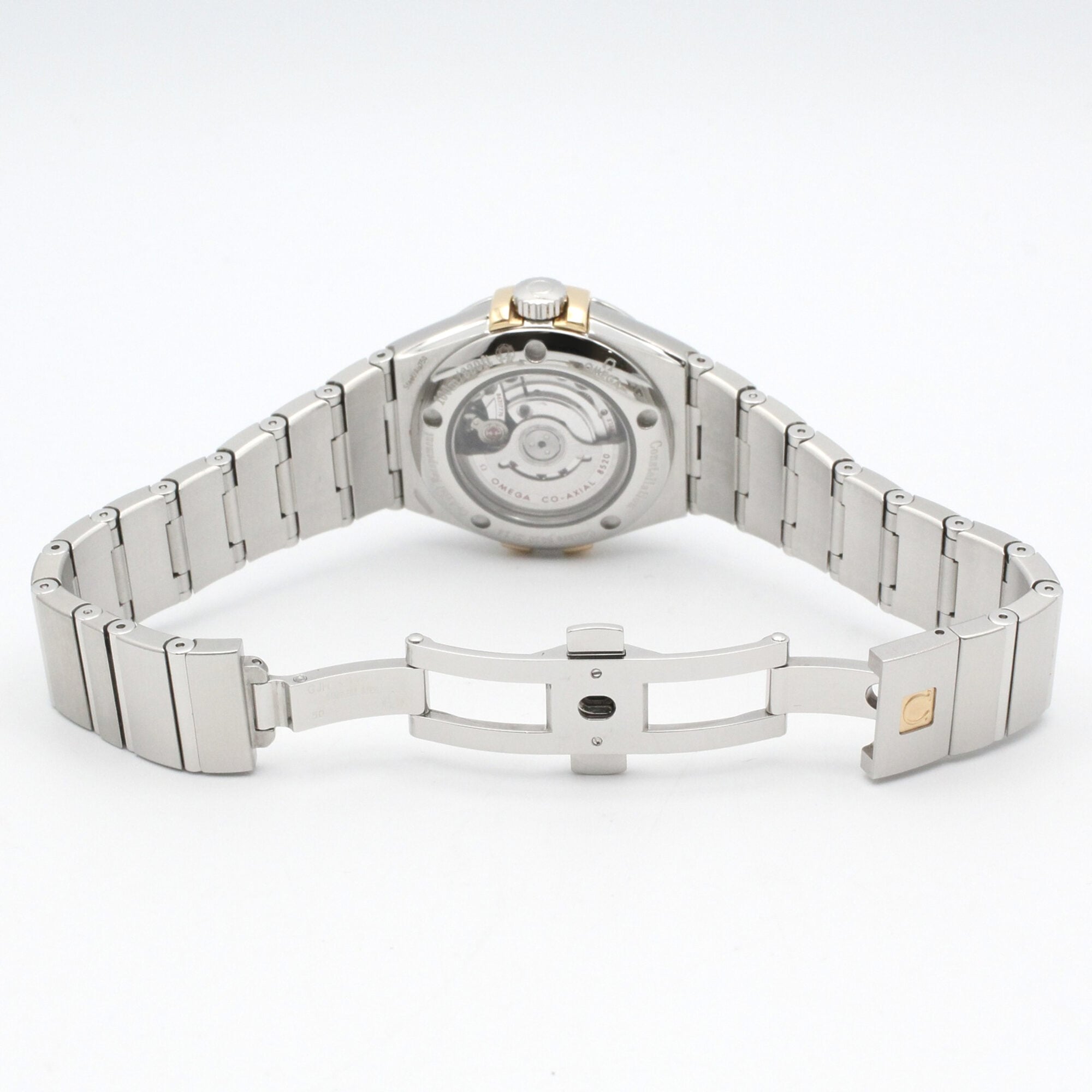 Omega Constellation watch, 18K yellow gold stainless steel, women's, white dial with mother-of-pearl case, model number 123.20.31.20.55.004 — Very Good