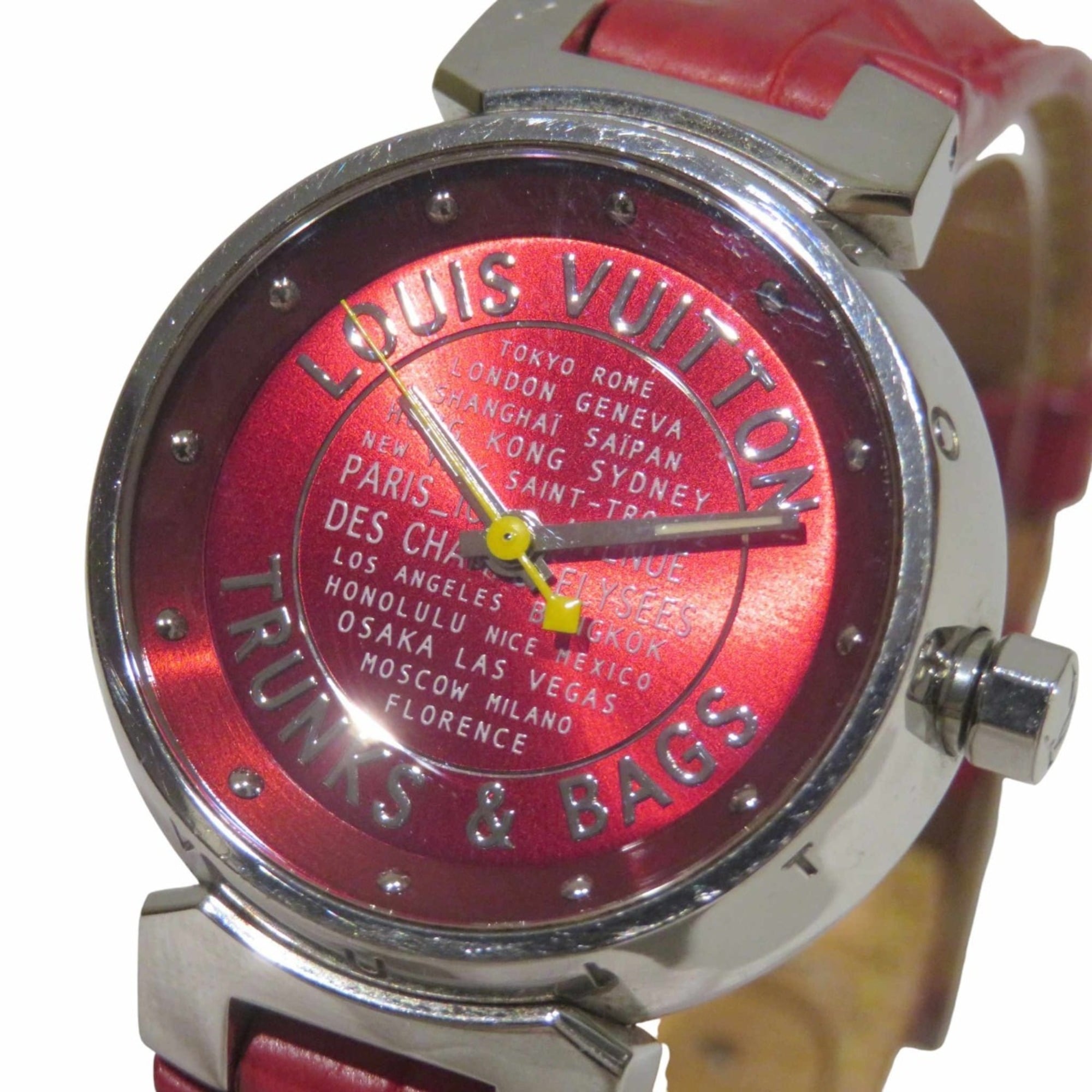 Louis Vuitton Tambour TRUNKS & BAGS wristwatch, total weight 34.8g, stainless steel, genuine leather strap, quartz movement, red dial, Q121N — Good
