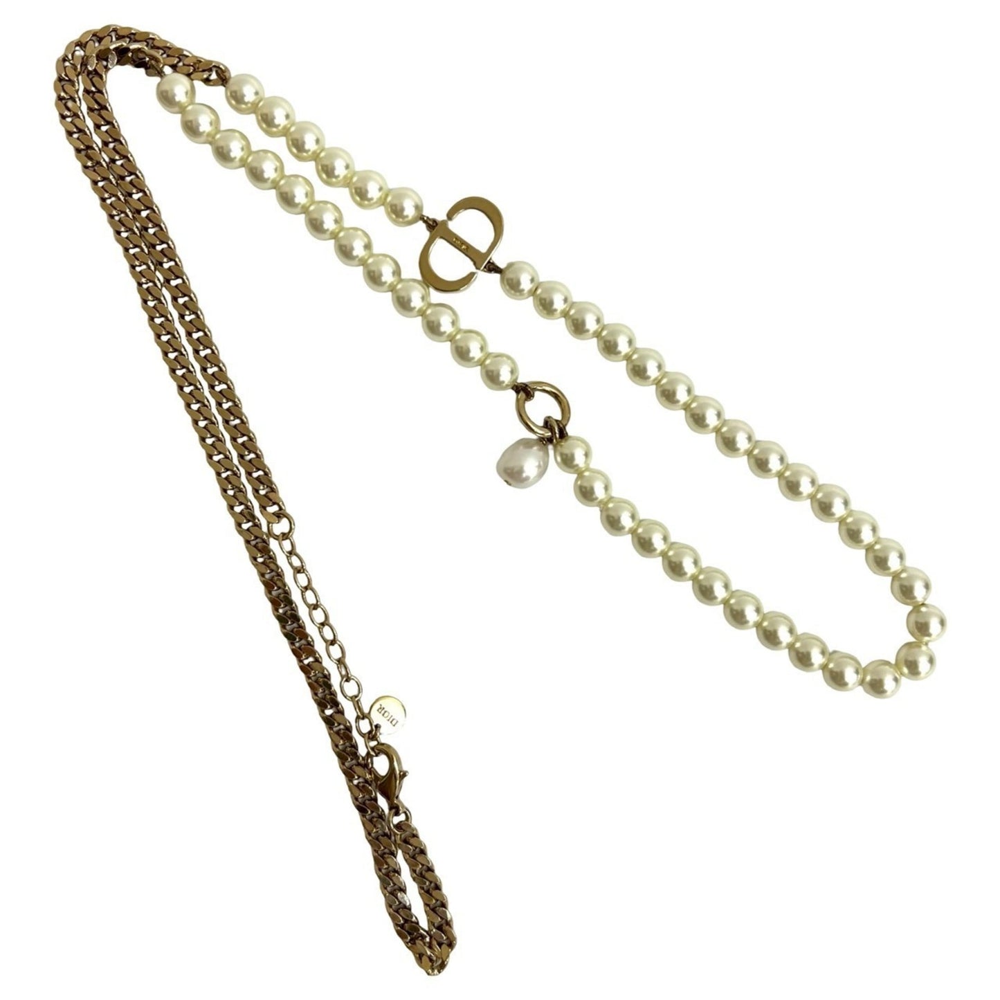 Christian Dior CD Logo GP Faux Pearl Chain Necklace Pendant Gold 09189