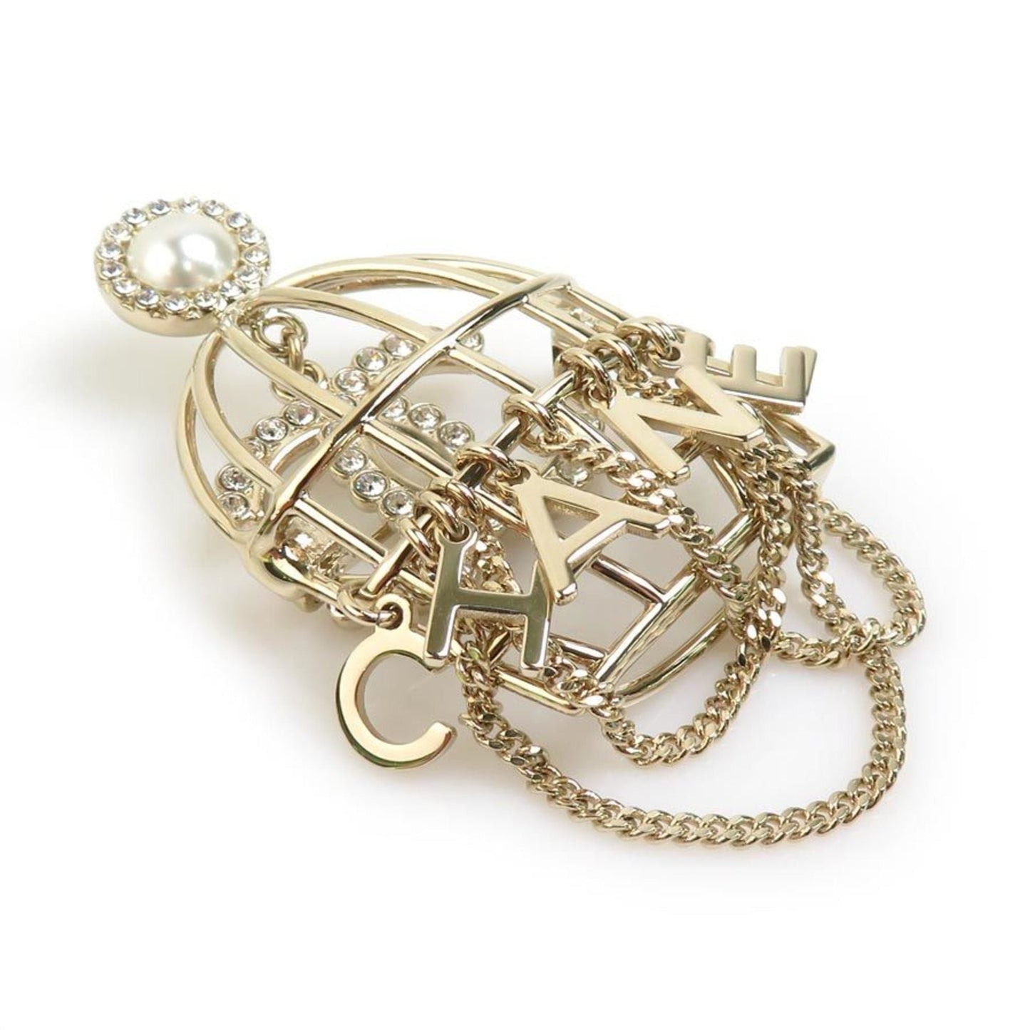 Chanel Birdcage Brooch in Metal with Faux Pearl and Stones, Gold, Women's, 90165i