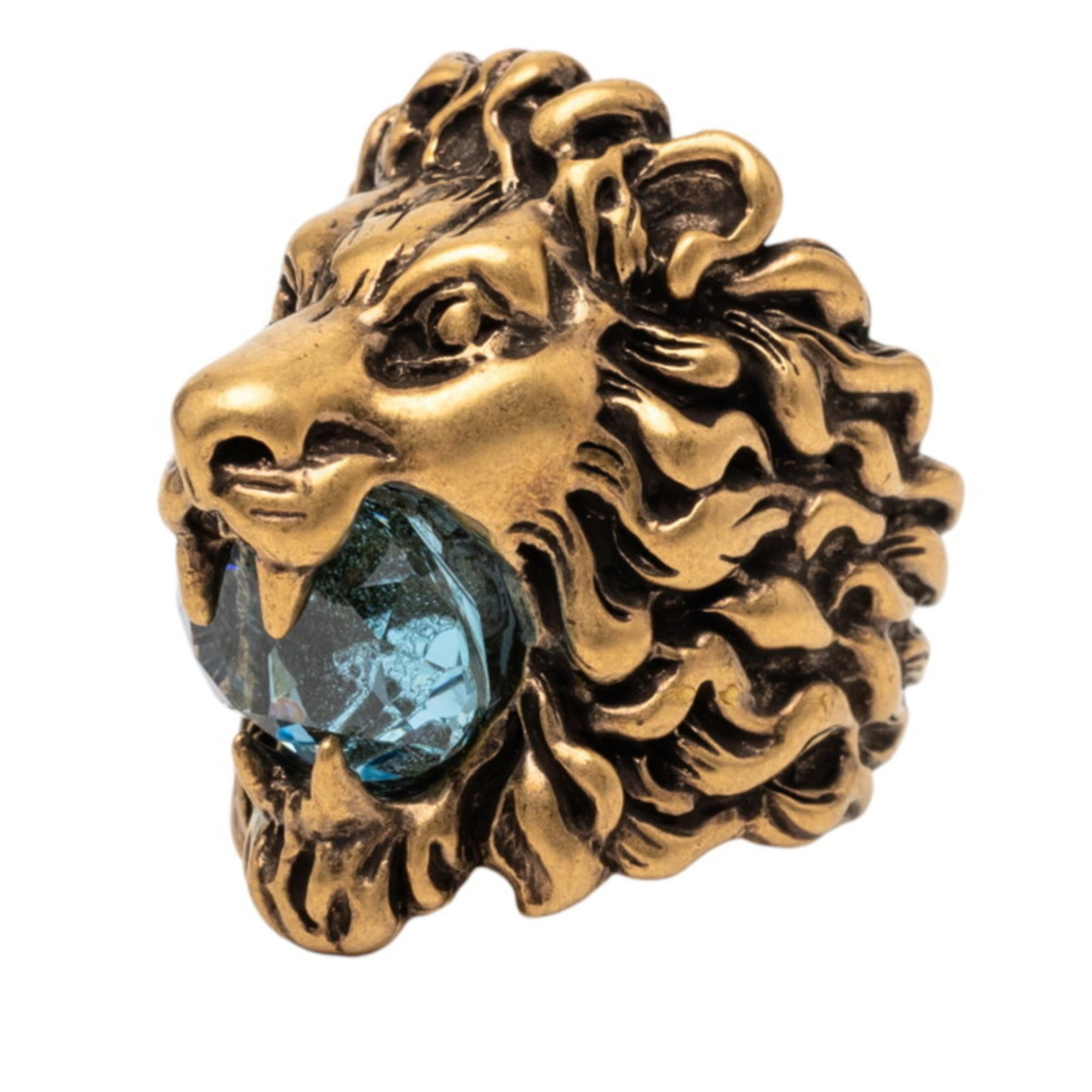 Gucci Lion Head Ring, #16 Gold with Light Blue Plated Stone, Women's, GUCCI