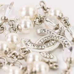 A25C CHANEL Rhinestone Coco Mark Pearl Necklace, Silver/White, Women's — Like New