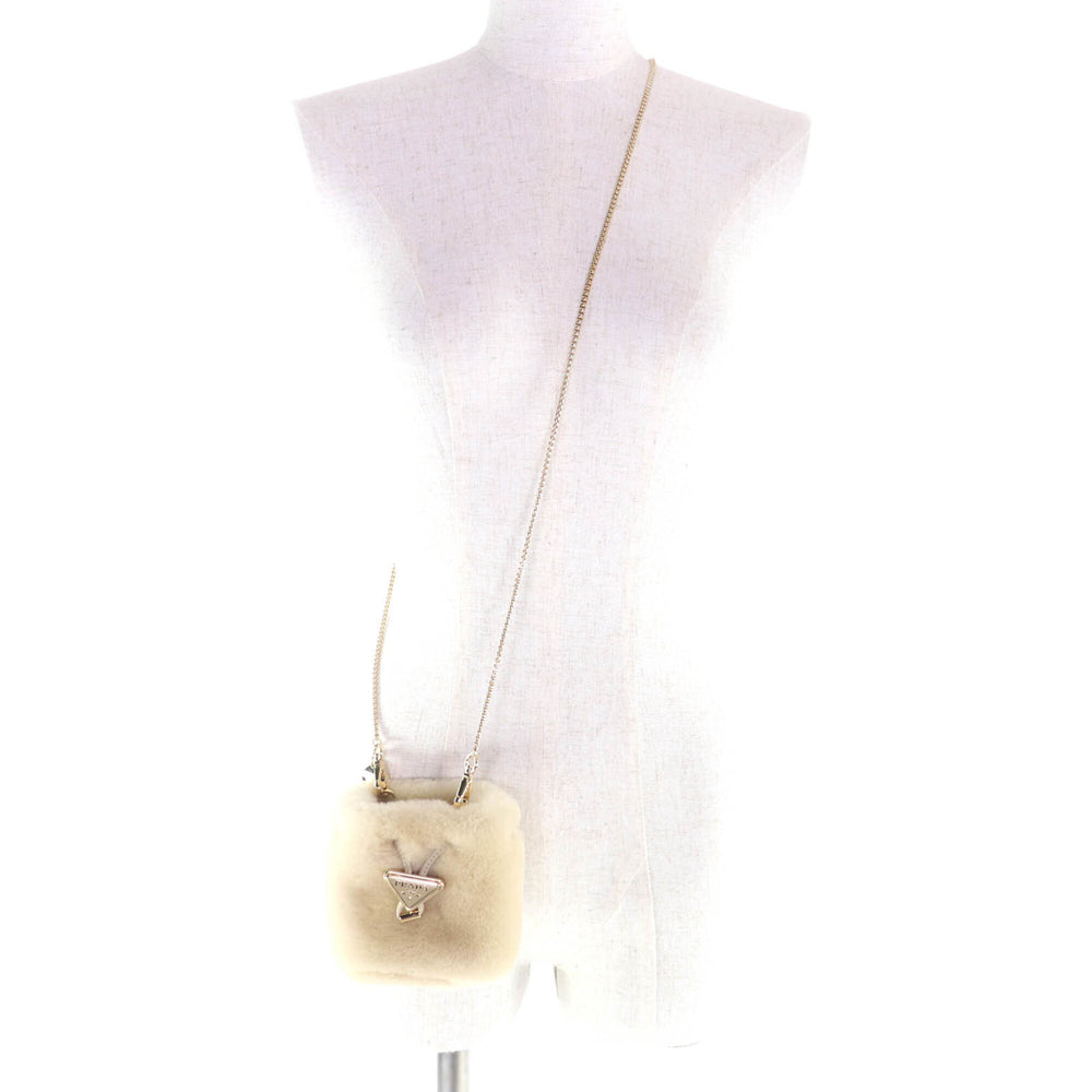 PRADA 1NR16P Sheepskin Mini Pouch, Ecru Beige, Triangle Logo, Chain Shoulder Bag, Made in Italy, Women's — Like New