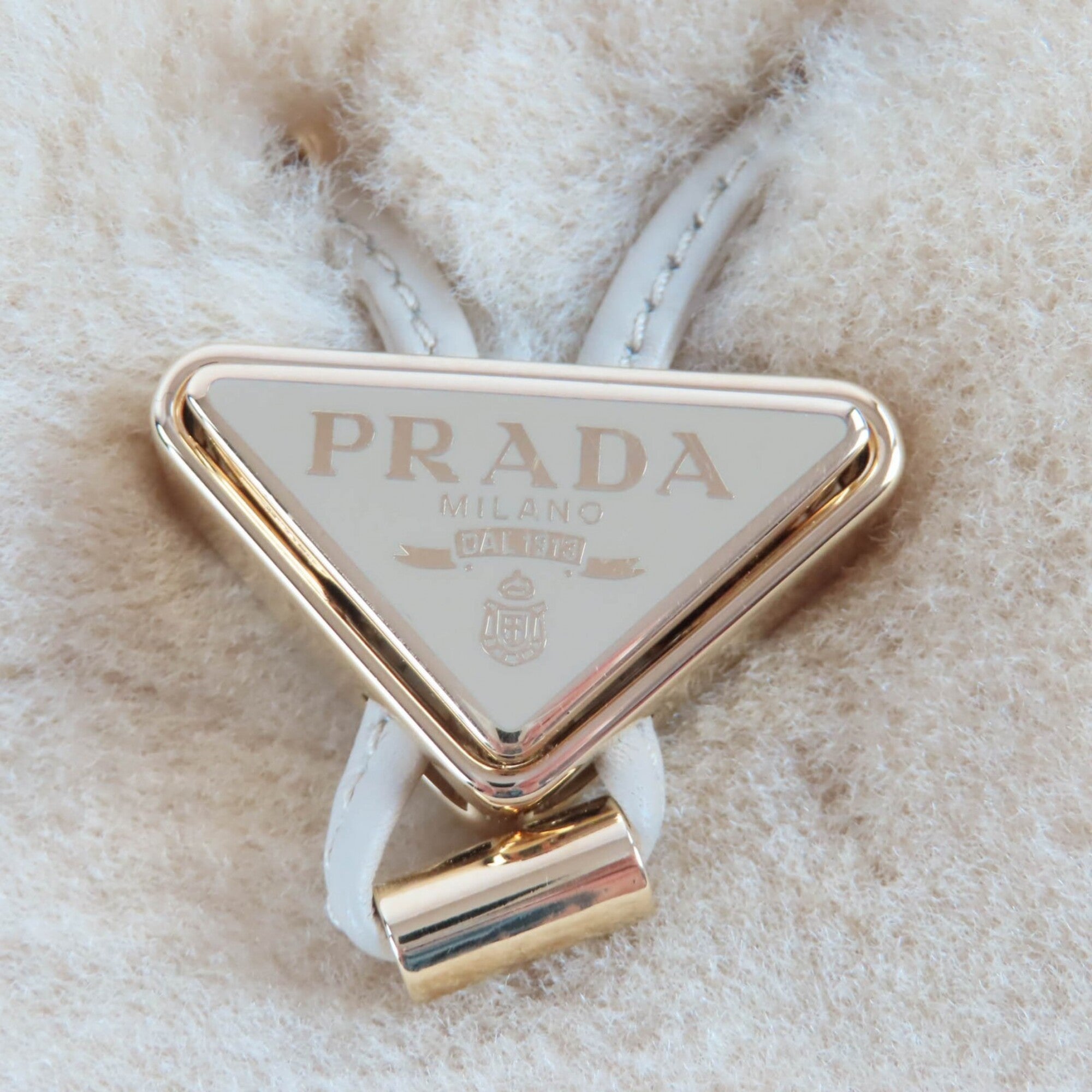 PRADA 1NR16P Sheepskin Mini Pouch, Ecru Beige, Triangle Logo, Chain Shoulder Bag, Made in Italy, Women's — Like New