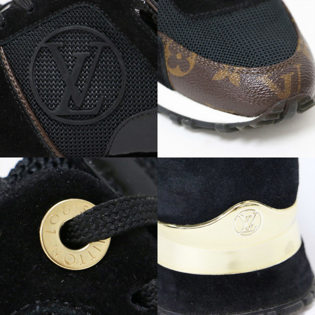 LOUIS VUITTON Louis Vuitton Sneakers Black Brown Gold Size: 34 1/2 (22.0 cm) Runaway Monogram Mesh Suede Combi Lace-up Low Cut Women's