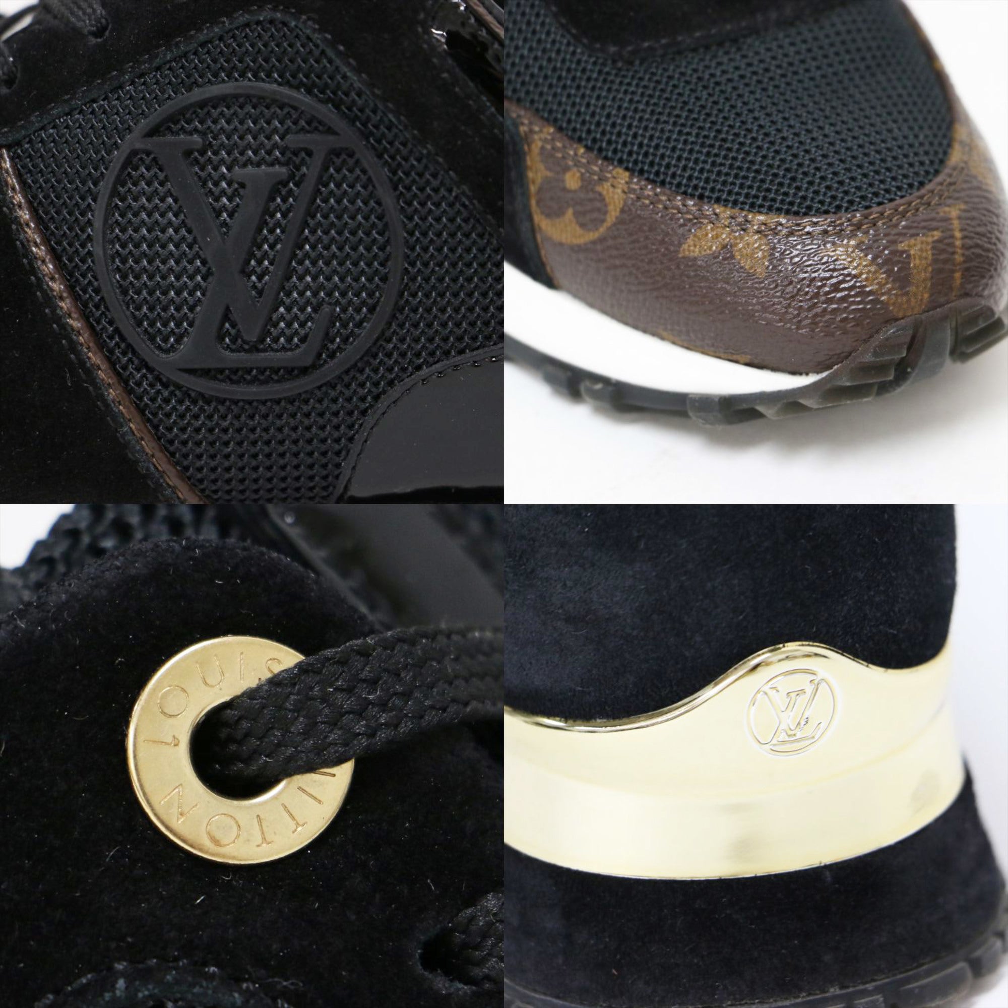 LOUIS VUITTON Louis Vuitton Sneakers Black Brown Gold Size: 34 1/2 (22.0 cm) Runaway Monogram Mesh Suede Combi Lace-up Low Cut Women's