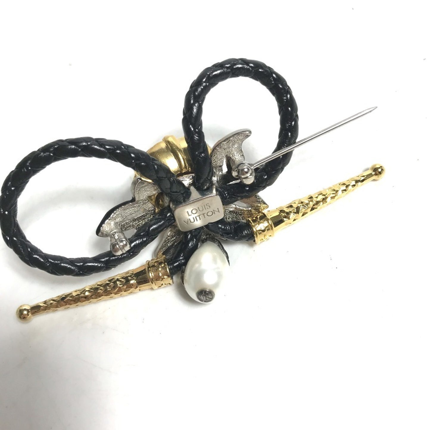 LOUIS VUITTON MP2197 Accessory, Faux Pearl, Fleur Bijou, and Rhinestone Brooch, Leather/Metal, Black, Women's