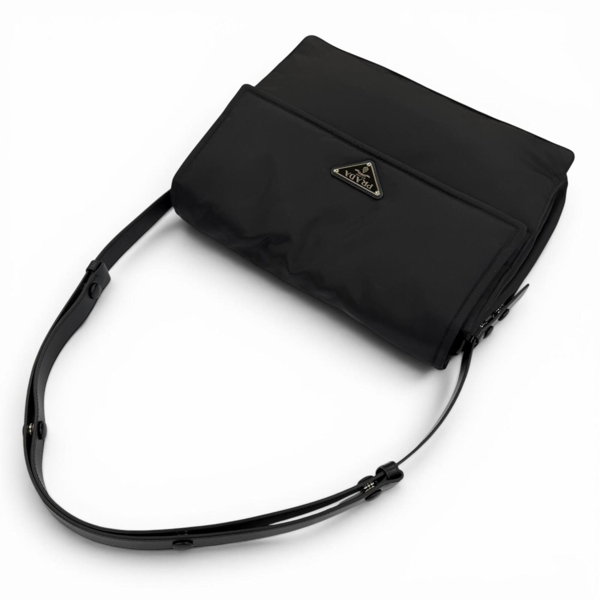 PRADA 1BD256 Re-Nylon Large Padded Shoulder Bag with Leather Accents and Triangle Logo, Black, Made in Italy, Women's — Like New