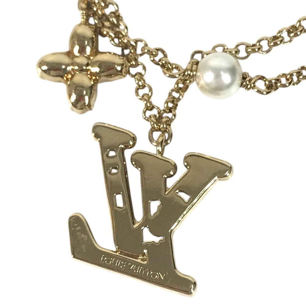 LOUIS VUITTON M1683A Bangle Accessory, Double Strand, Ladies' LV Metal Strass Faux Pearl Rhinestone Chain Bracelet, Metal, Men's & Women's, Gold — Like New