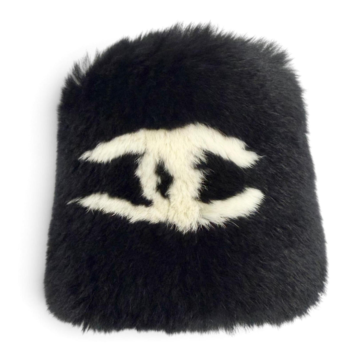 CHANEL Coco Mark Rabbit Fur Wristband Bangle Bracelet Black White Made in France Women's — Like New