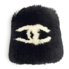 CHANEL Coco Mark Rabbit Fur Wristband Bangle Bracelet Black White Made in France Women's — Like New
