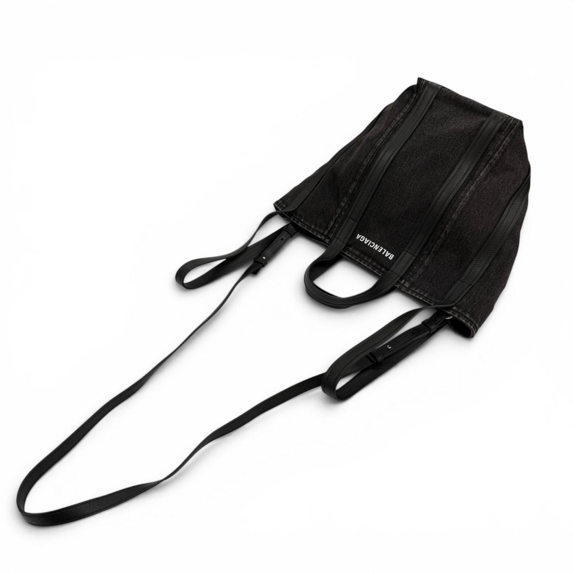 BALENCIAGA 672791 Everyday North-South Small Denim Leather 2-Way Shoulder Bag/Handbag, Black, Women's, with Dust Bag — Like New