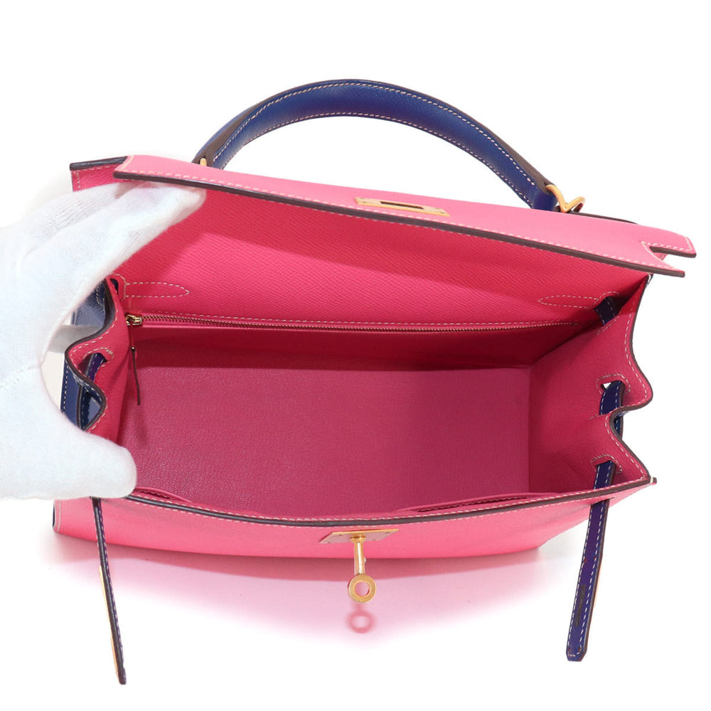 Hermes Kelly 28 Personal SPO Epsom Rose Azalee Blue Electric Hand Shoulder Handbag A Stamp External Stitching Matte Gold Hardware — Like New