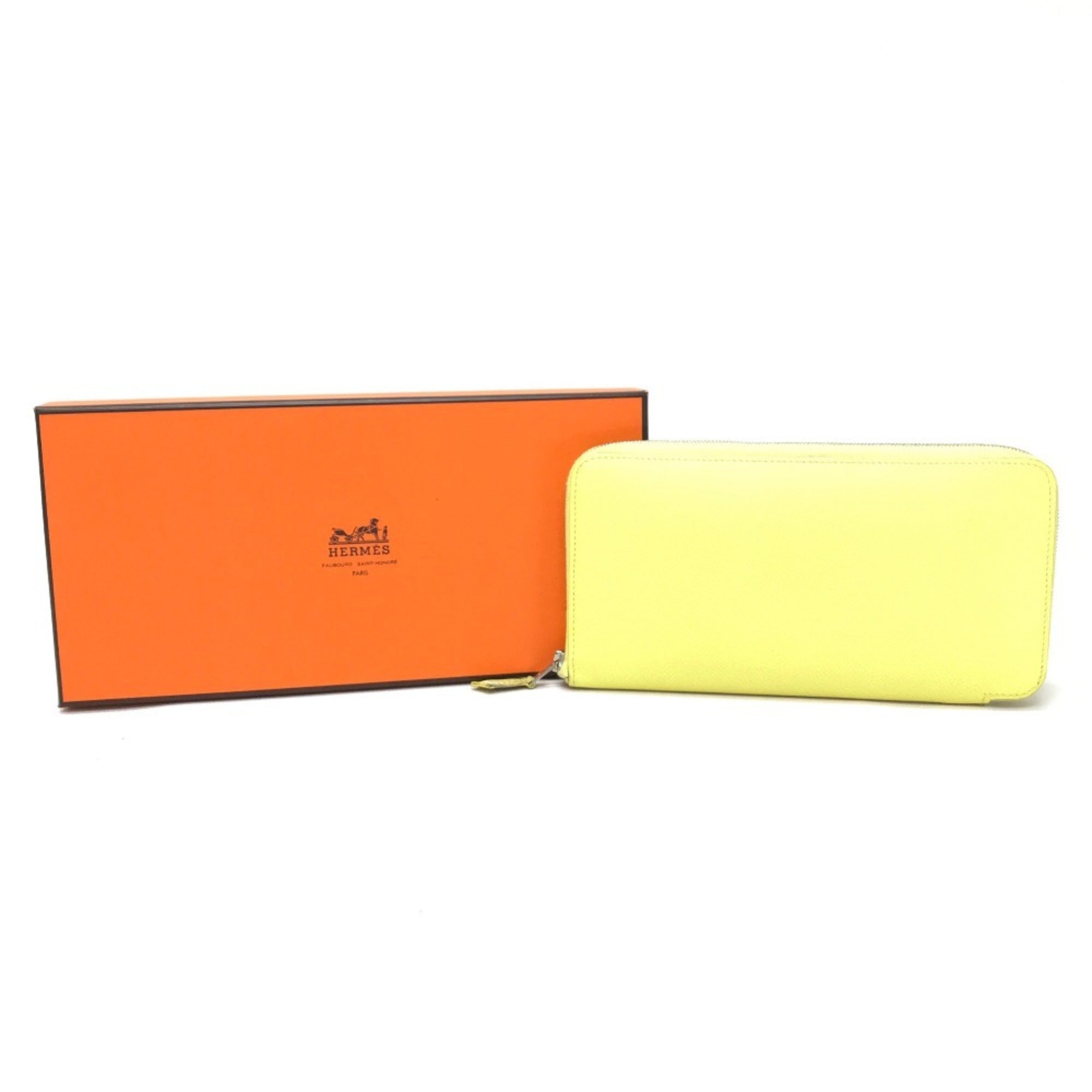 HERMES Silkin Azap Long Round Zip Wallet, Epsom Silk, Women's, Souffle, Yellow