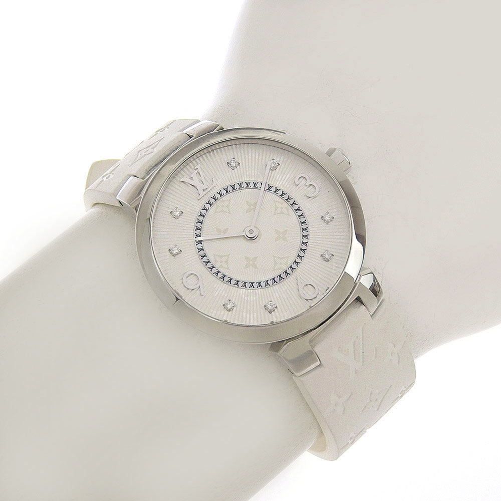 Like new Louis Vuitton Tambour MM Q13MJ white dial watch with 8 diamonds, stainless steel and rubber case, quartz movement, 33mm — Like New