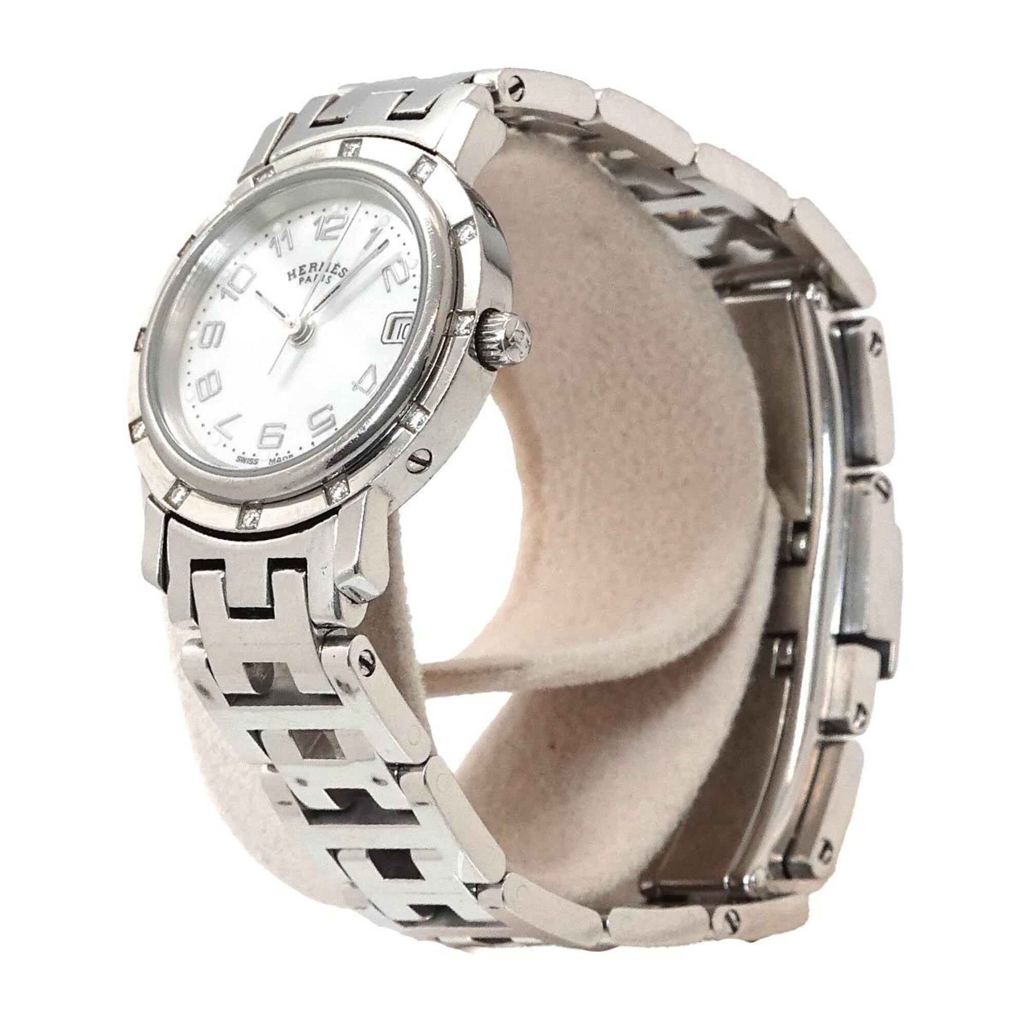 Hermes Clipper Nacre CL4 230 Women's Watch, 12-Diamond Bezel, White Shell, Quartz Watch — Very Good