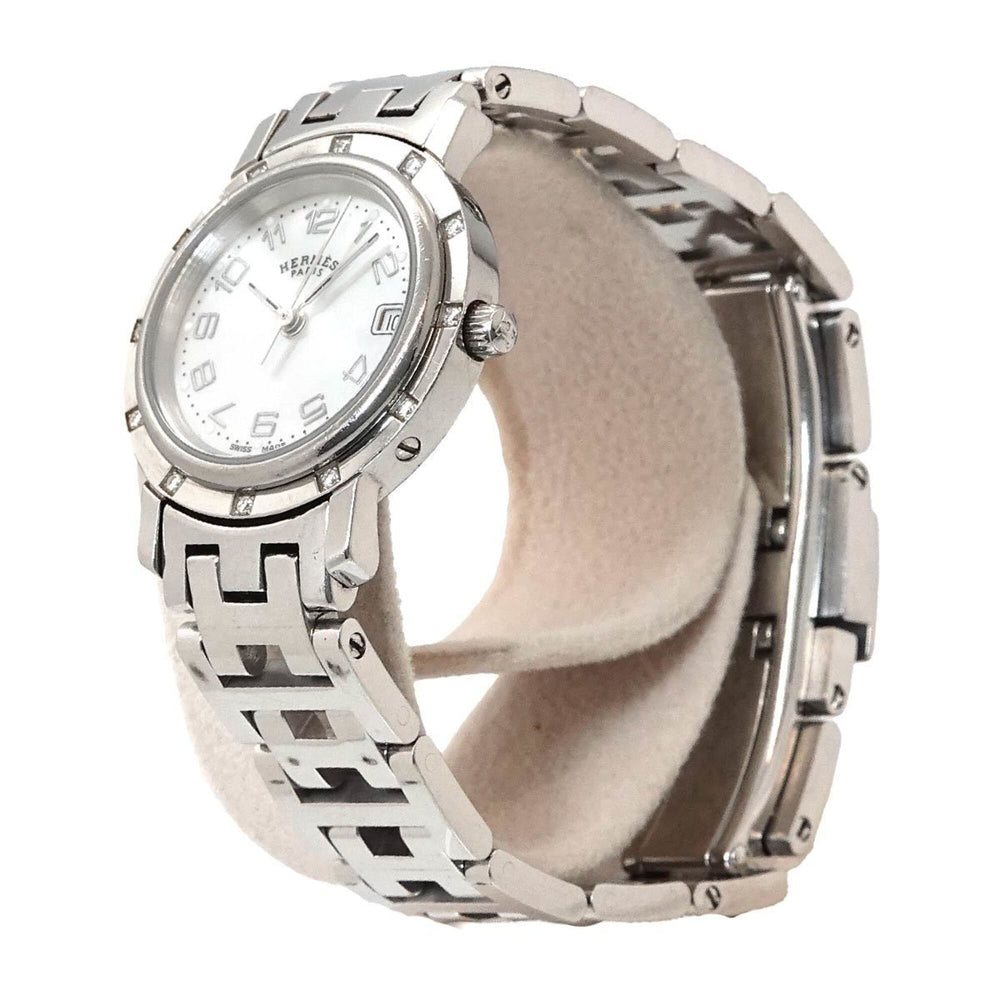 Hermes Clipper Nacre CL4 230 Women's Watch, 12-Diamond Bezel, White Shell, Quartz Watch — Very Good