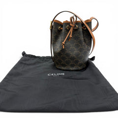 CELINE 19114 Triomphe Small Drawstring Shoulder Bag, Canvas, Tan, Made in Italy, Women's, with Dust Bag — Like New