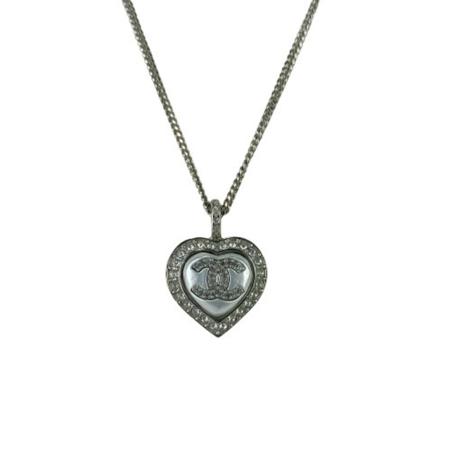 CHANEL Coco Mark Heart Necklace ABB617, Silver Metal with Rhinestones and Faux Pearls, Women's
