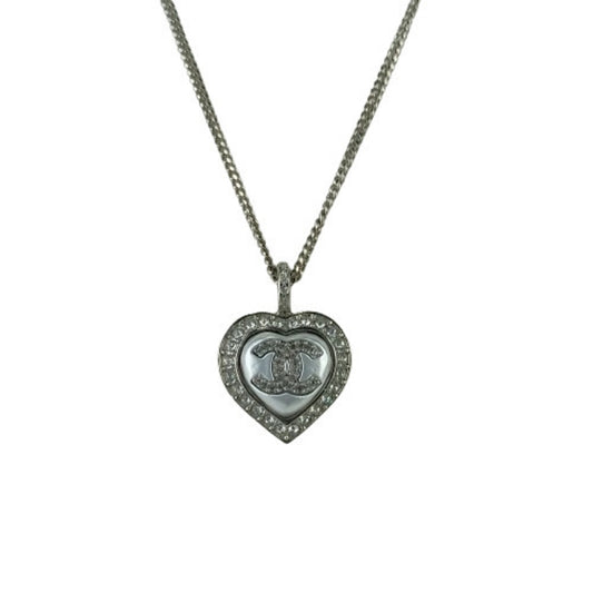 CHANEL Coco Mark Heart Necklace ABB617, Silver Metal with Rhinestones and Faux Pearls, Women's