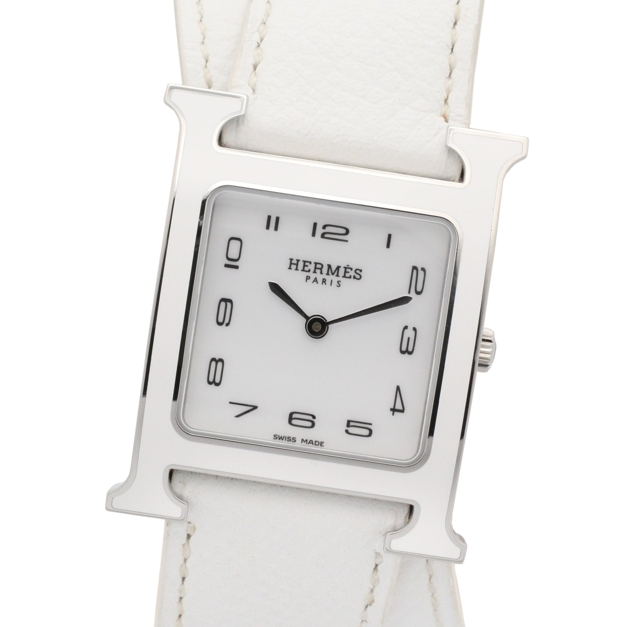 Hermes H-Watch Double Tour Wristwatch, Stainless Steel, Leather Strap, Women's, White (HH1.520) — Very Good