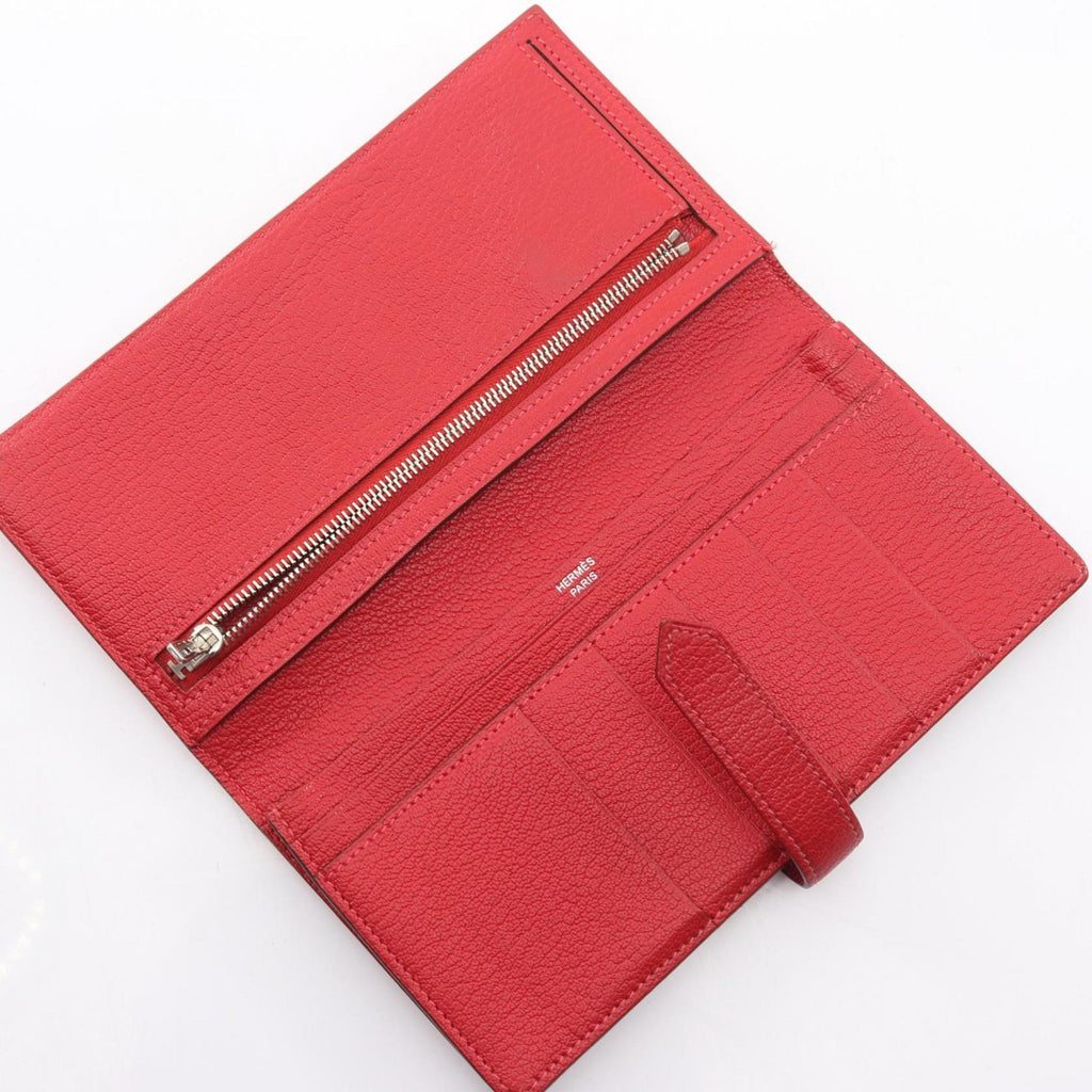 Hermes Hermès Bearn Soufflet bifold long wallet, leather, Chevre, women's, pink and red, Rouge Casac