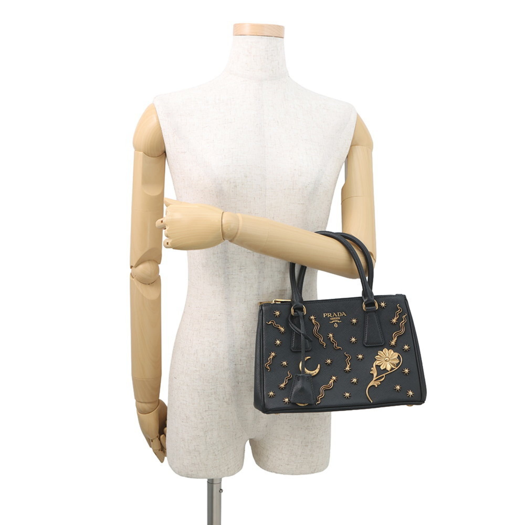 Prada Galleria Small Studded Saffiano Leather Handbag 1BA896, Black, 2-Way