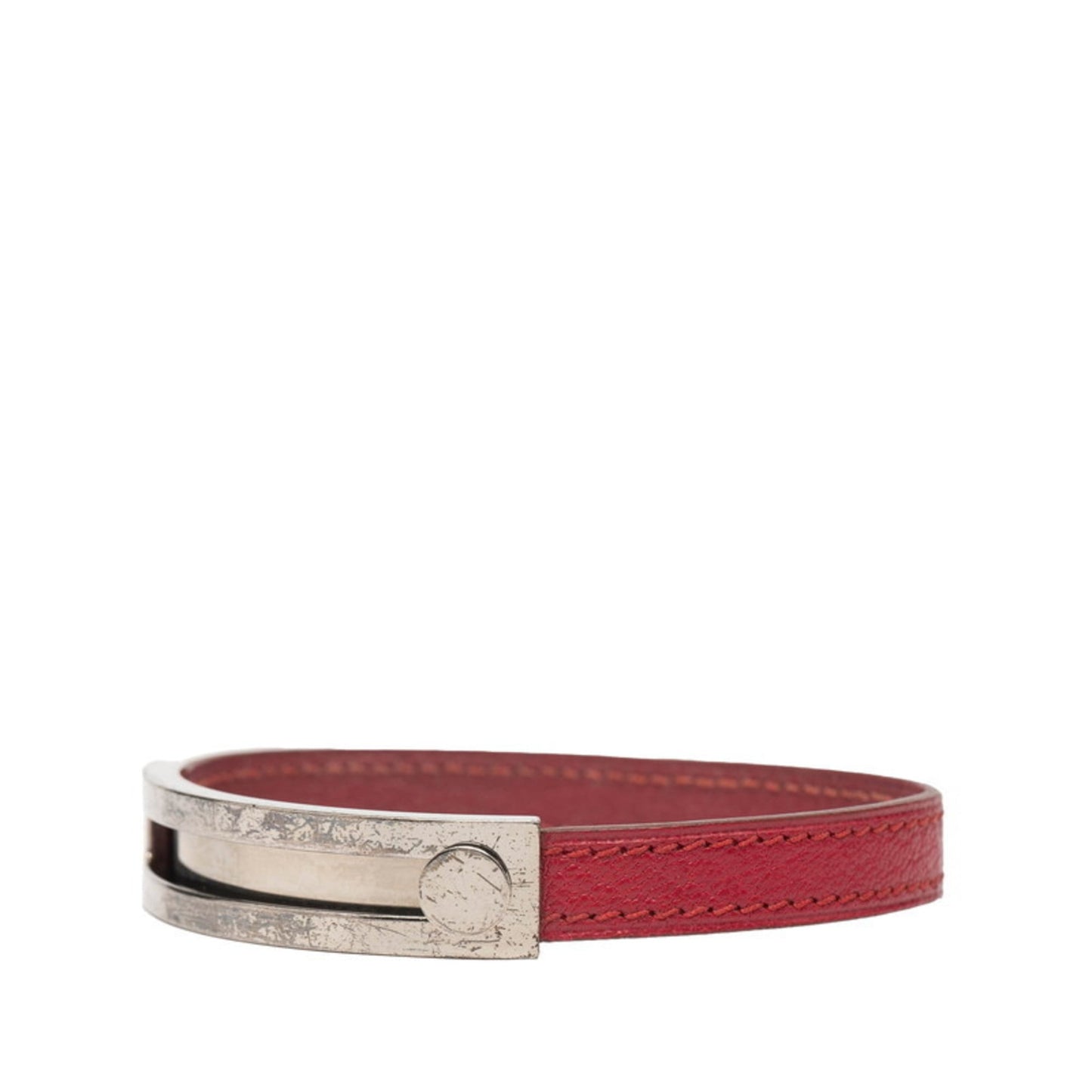 Hermes Puspus Bracelet Bangle in Pink with Silver Hardware, Leather and Metal, Women's HERMES